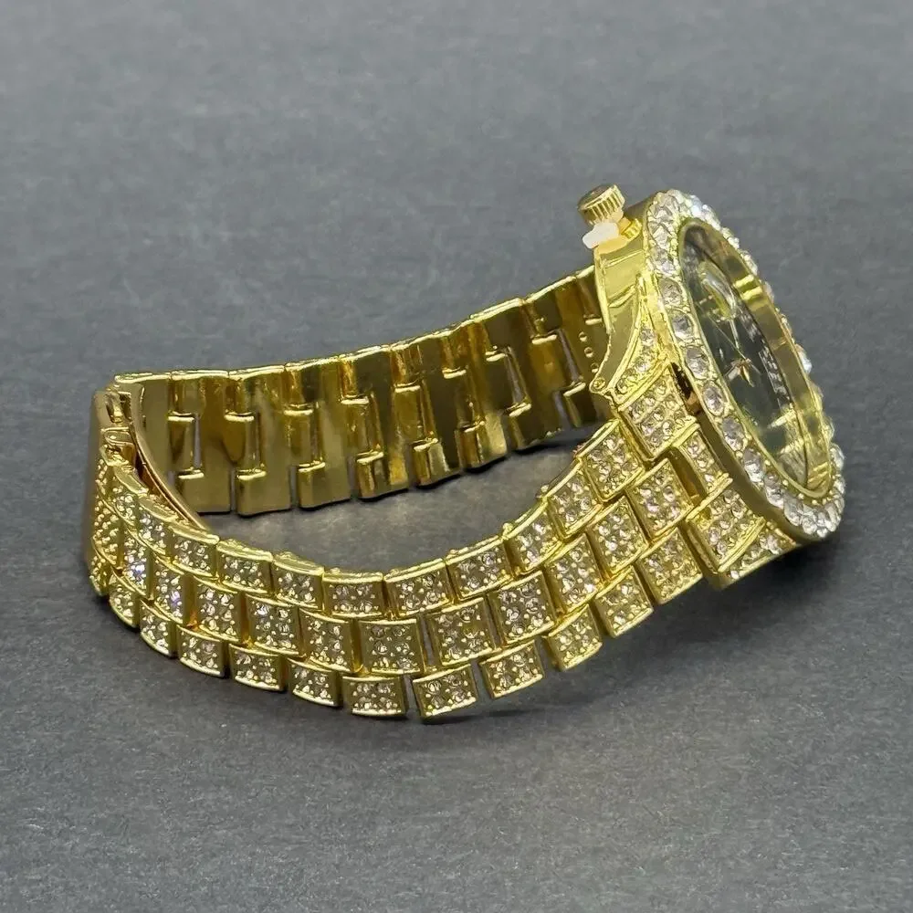 Gold Tone Iced Out Watch Green Dial Roman Numerals Crystal Date Bling Mens NEW